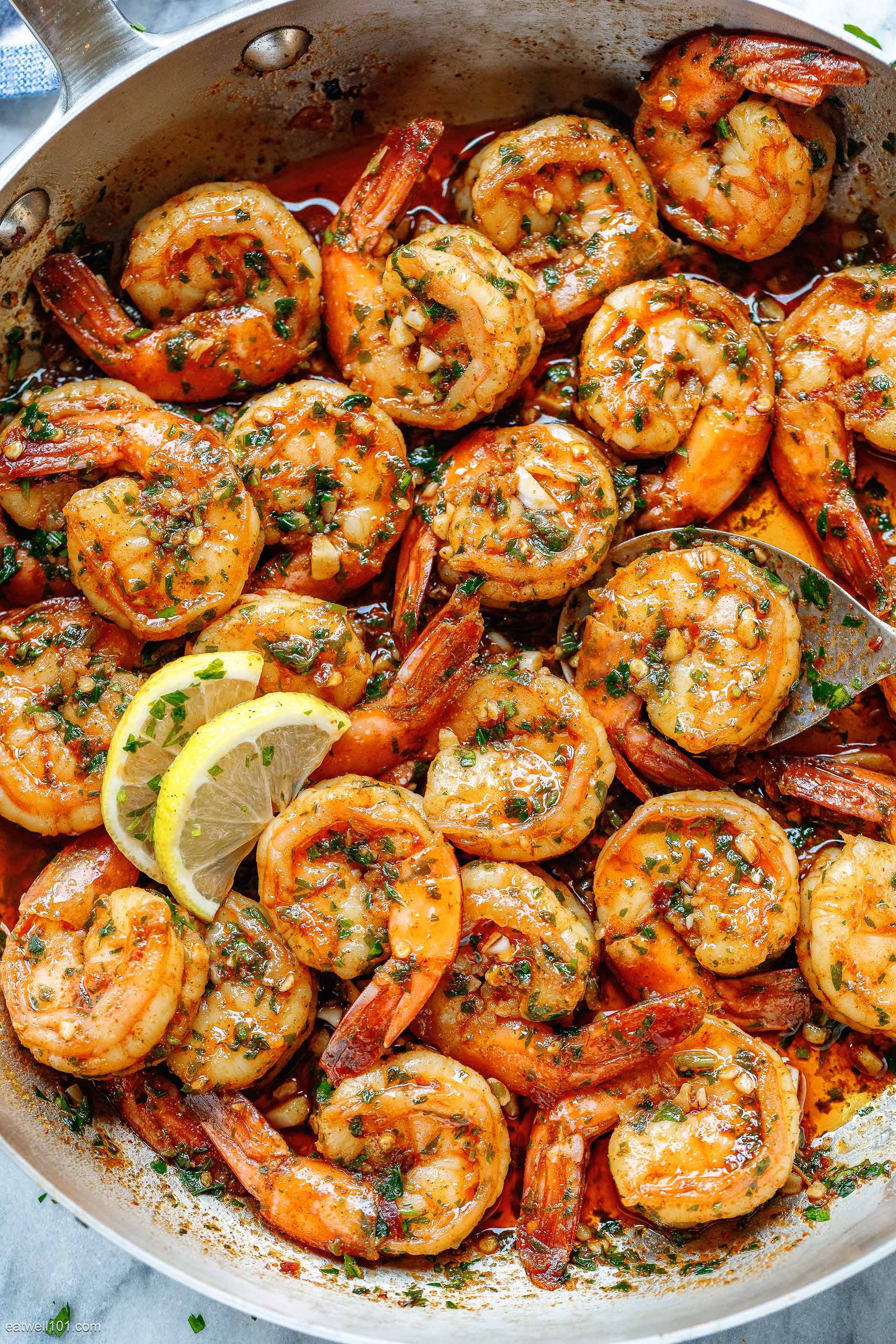 Pan-fried Shrimp in Garlic Butter served with Sauteed Green Beans and Garli